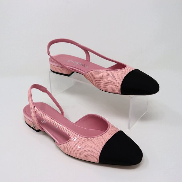 CHANEL 37.5 Pink Sequin Slingback 24P Interlocking CC Logo - Picture 3 of 14